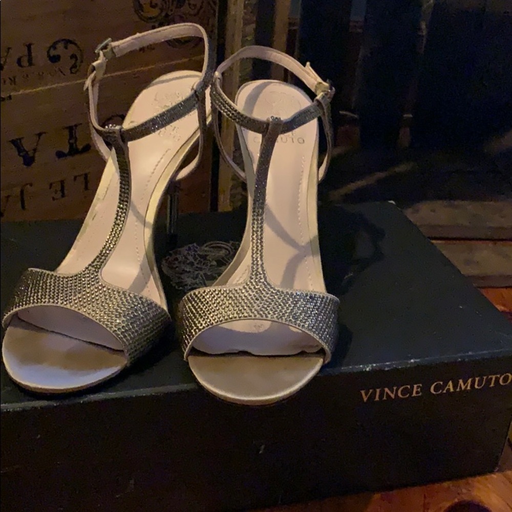 Vince Camino gold satin bedazzled glam t straps